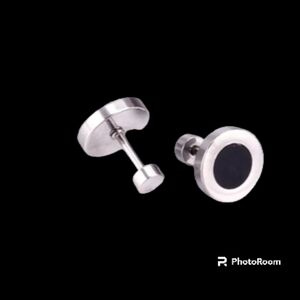 Titanium Silver Tone Black Crystal Stubs Earrings Unisex